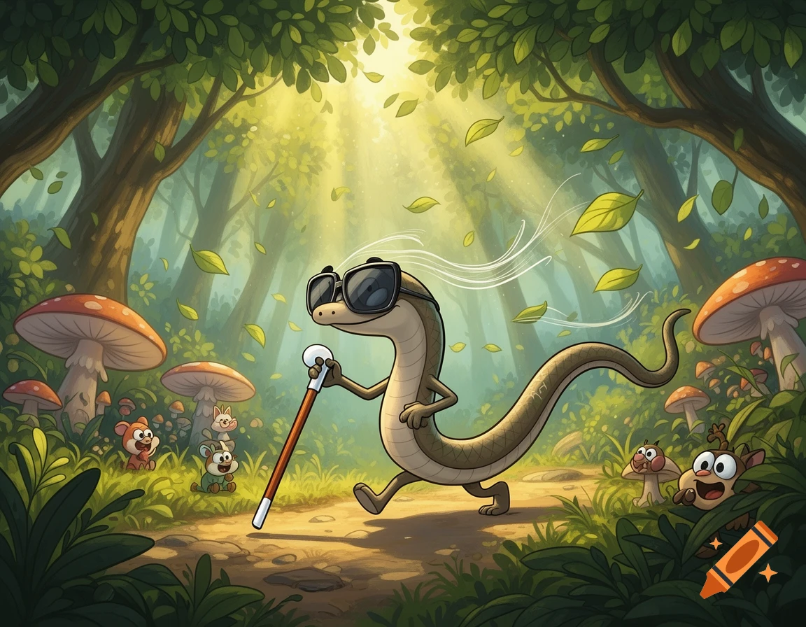 A cartoon lizard with sunglasses and a white cane walks upright on a forest path, surrounded by large mushrooms and small creatures in sunlight.