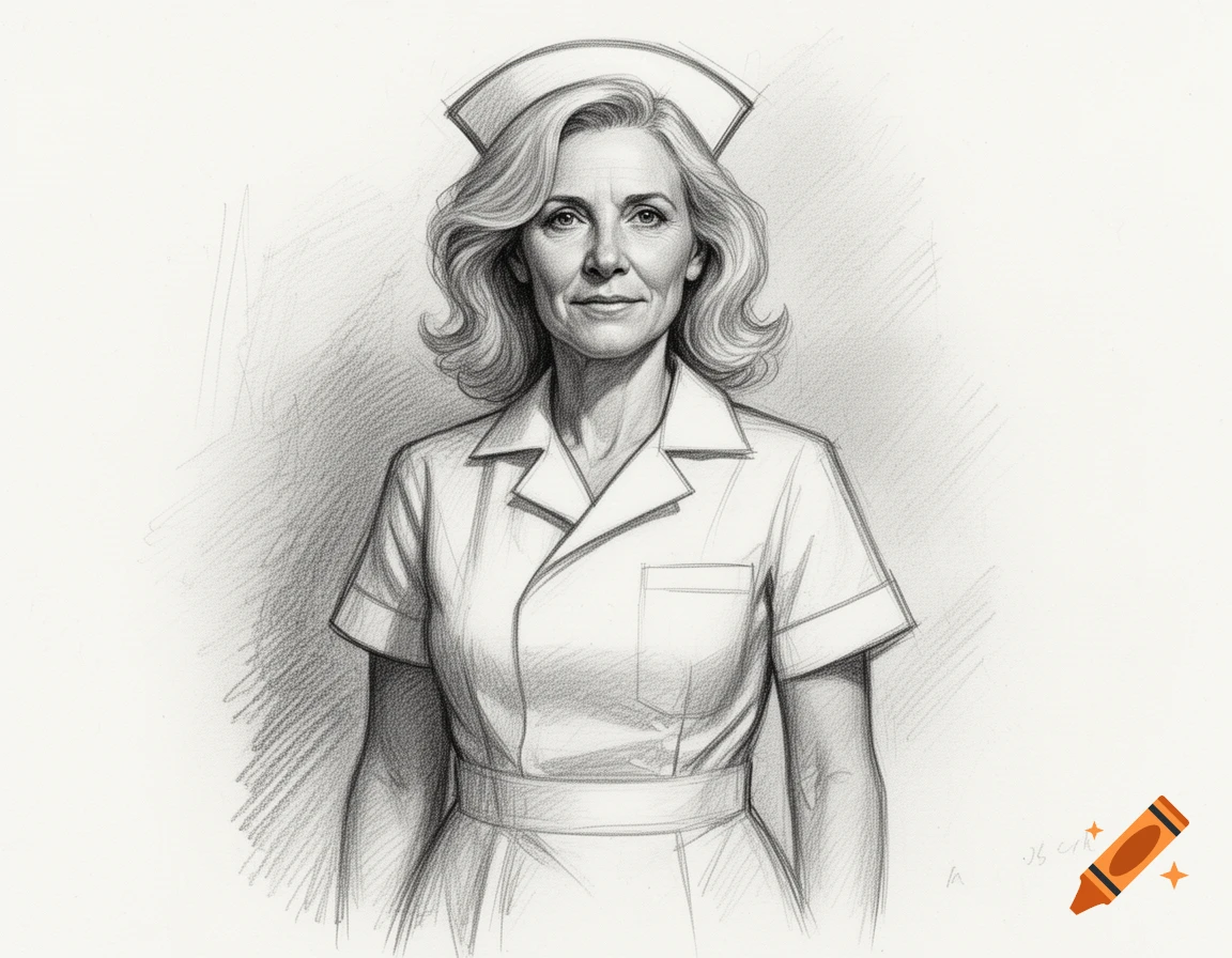 Pencil sketch portrait of a middle-aged female nurse with shoulder-length blonde hair, wearing a uniform.