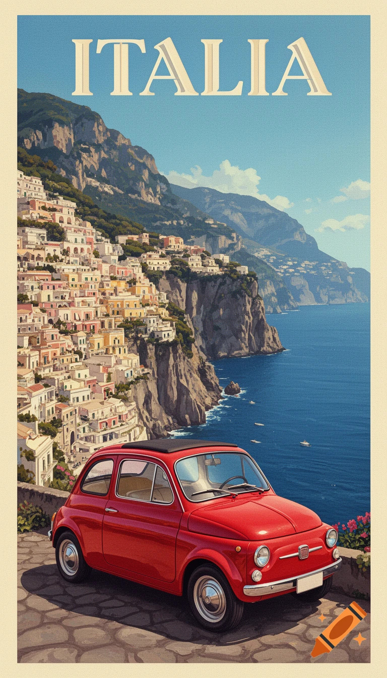 Vintage travel poster illustration of a red Fiat 500 parked on a cliffside overlooking the colorful Amalfi Coast, with 'ITALIA' at the top.