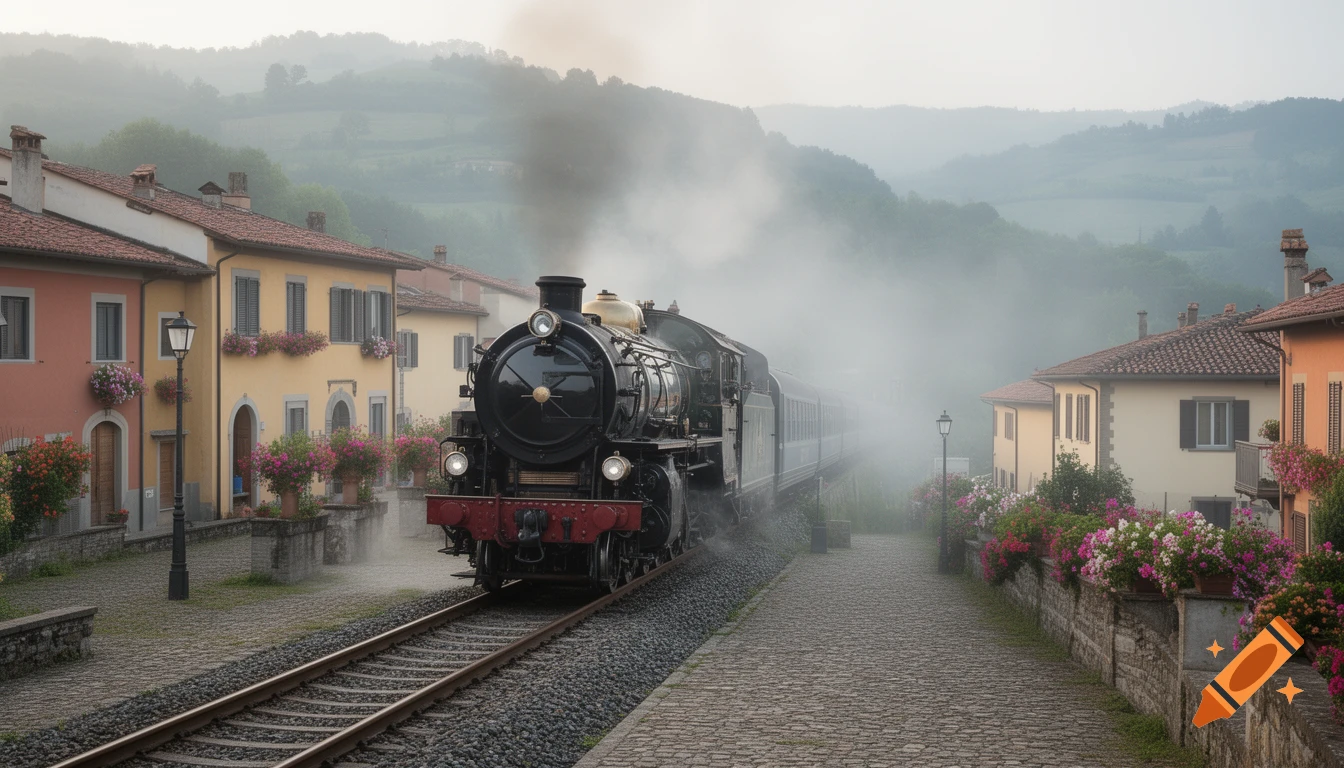 A vintage black steam train travels on tracks through a colorful Italian village nestled in foggy hills.