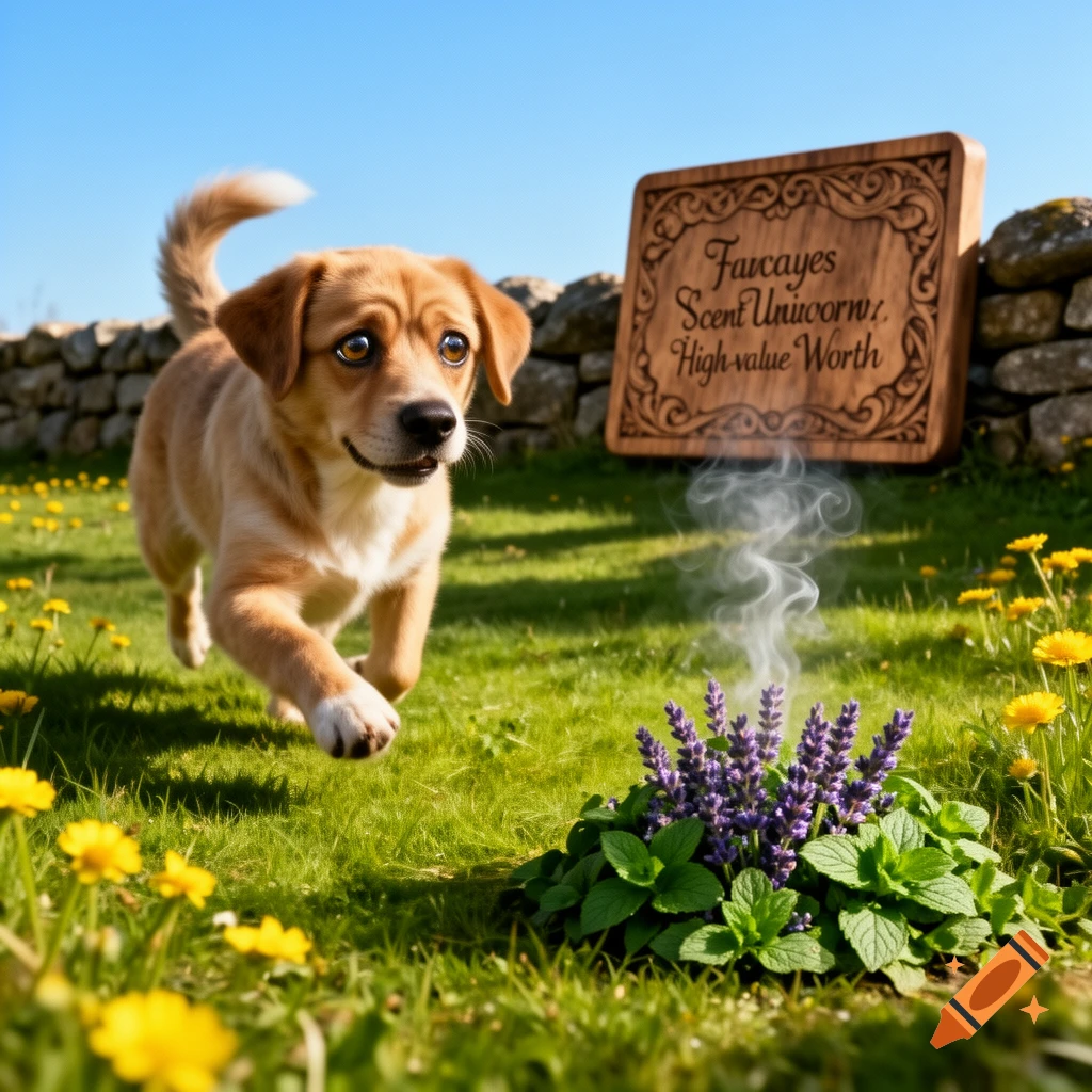 A light brown puppy runs through a grassy field with yellow dandelions toward a smoking patch of purple and green herbs. A carved wooden sign rests against a stone wall in the background.