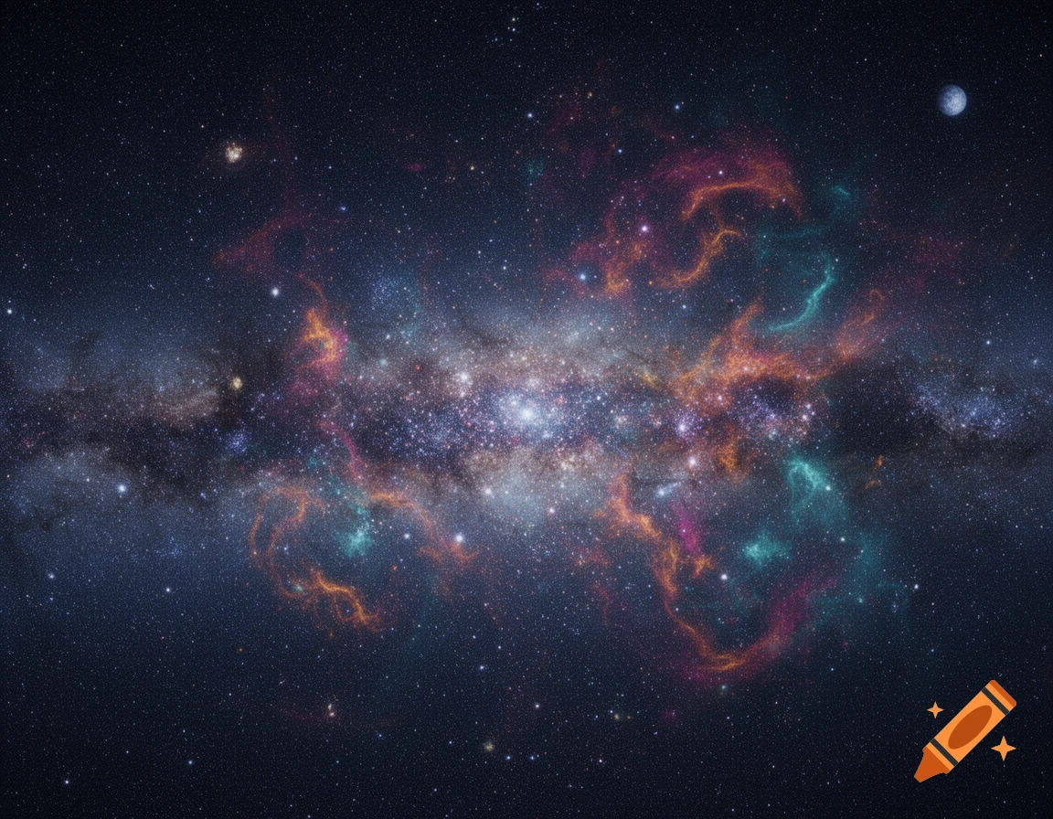 A vibrant galaxy with a dense star field, swirling colorful nebulae in red, orange, and teal, and a distant moon against a dark starry sky.