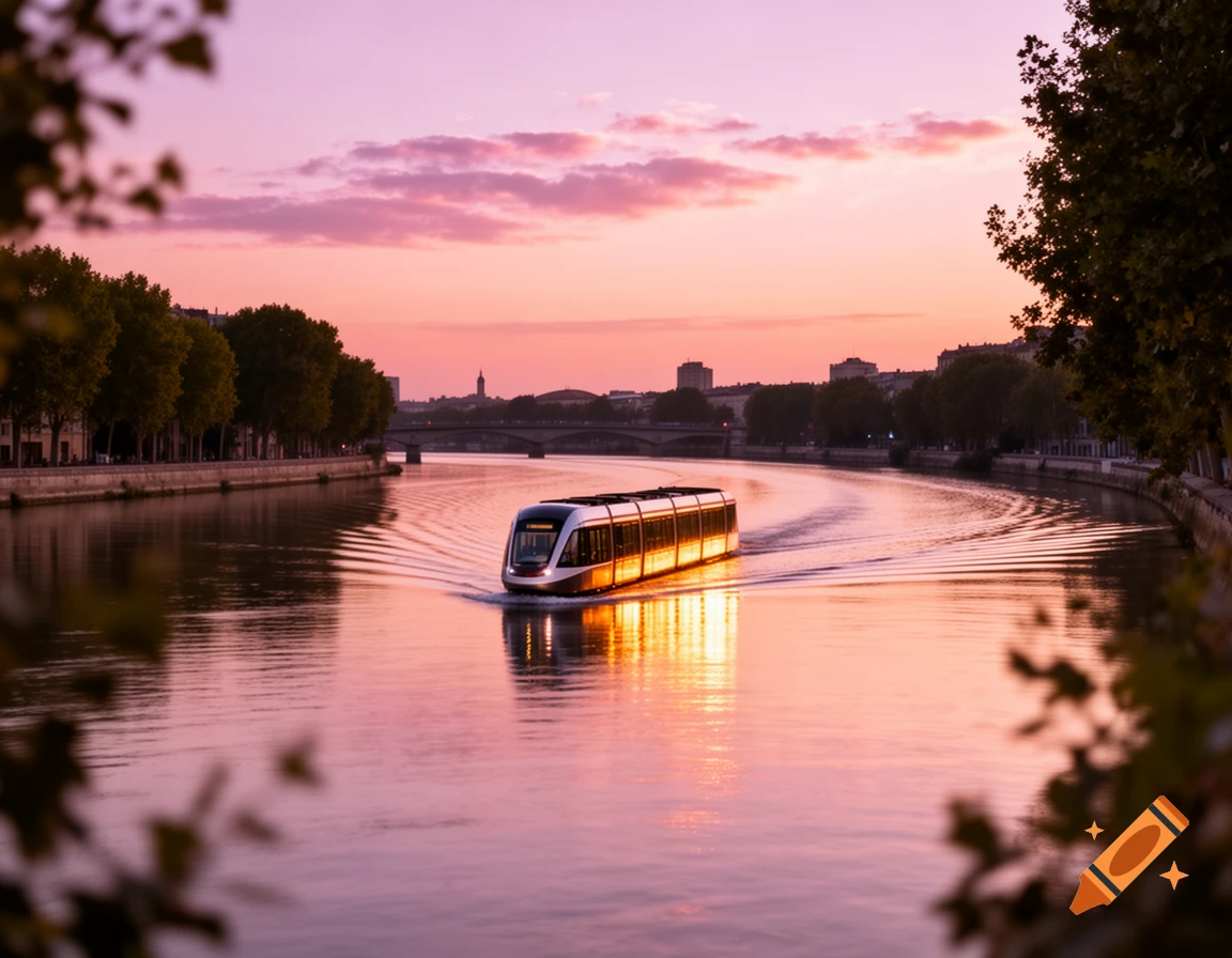 A futuristic tram-like vehicle navigates a city river at sunset, reflecting the vibrant pink and orange sky.