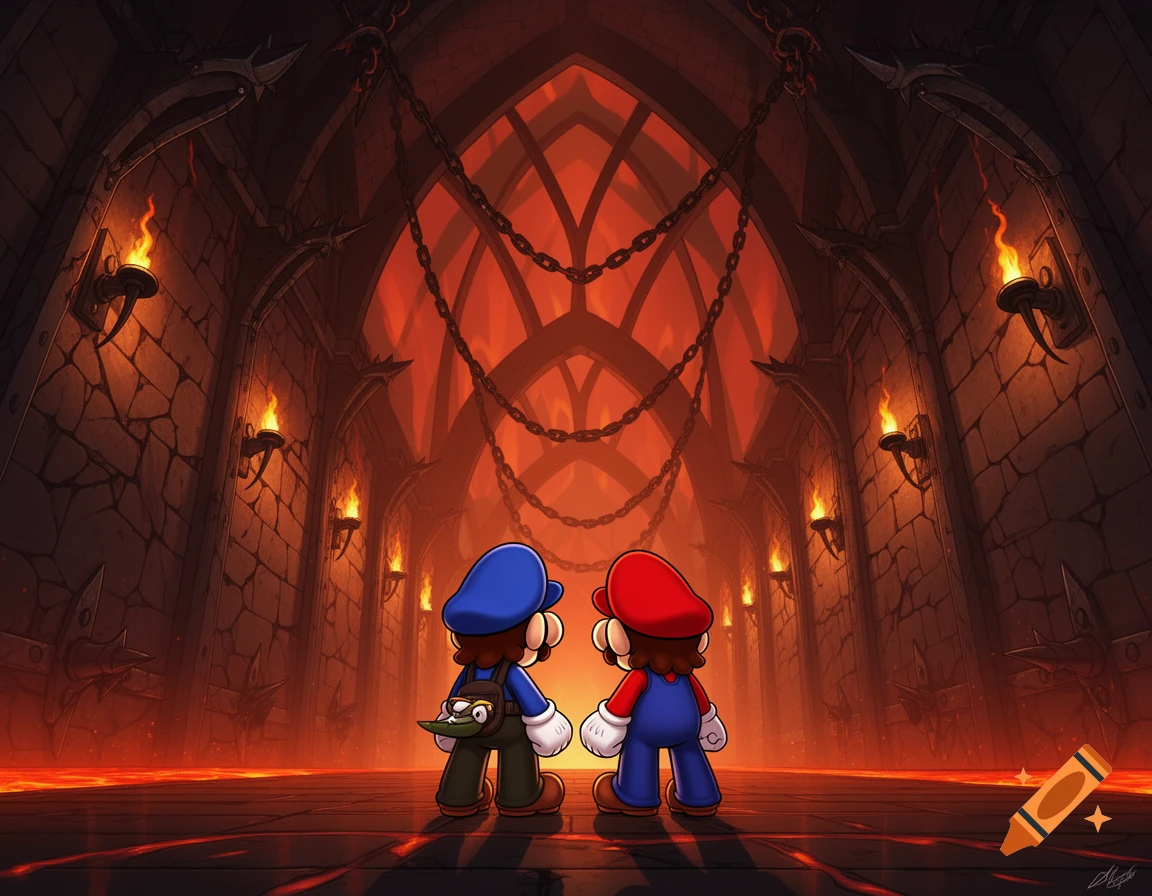Two cartoon characters, Mario in red and SMG4 in blue, stand with their backs to the viewer in a dark, fiery castle hallway.