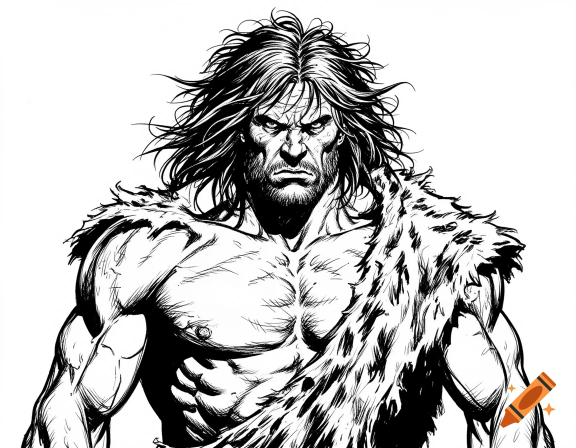 Black and white line art of a muscular, brutish primitive man with long hair and a fur pelt.
