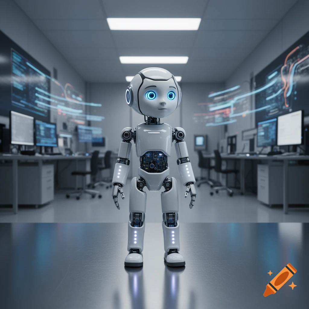 A small white robot with blue glowing eyes stands in a futuristic office filled with data screens and computer workstations.