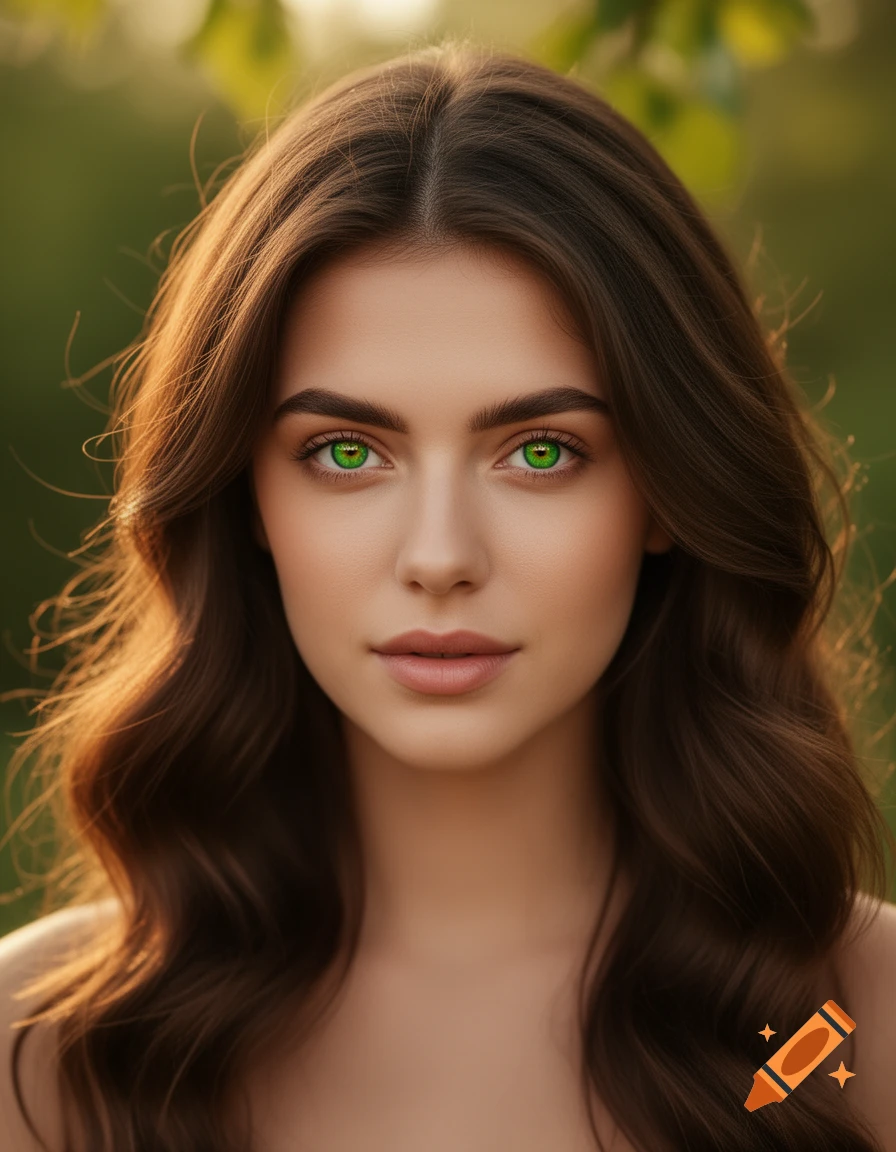 A photorealistic portrait of a woman with long brown wavy hair, striking green eyes, and natural makeup, set against a blurred green background.