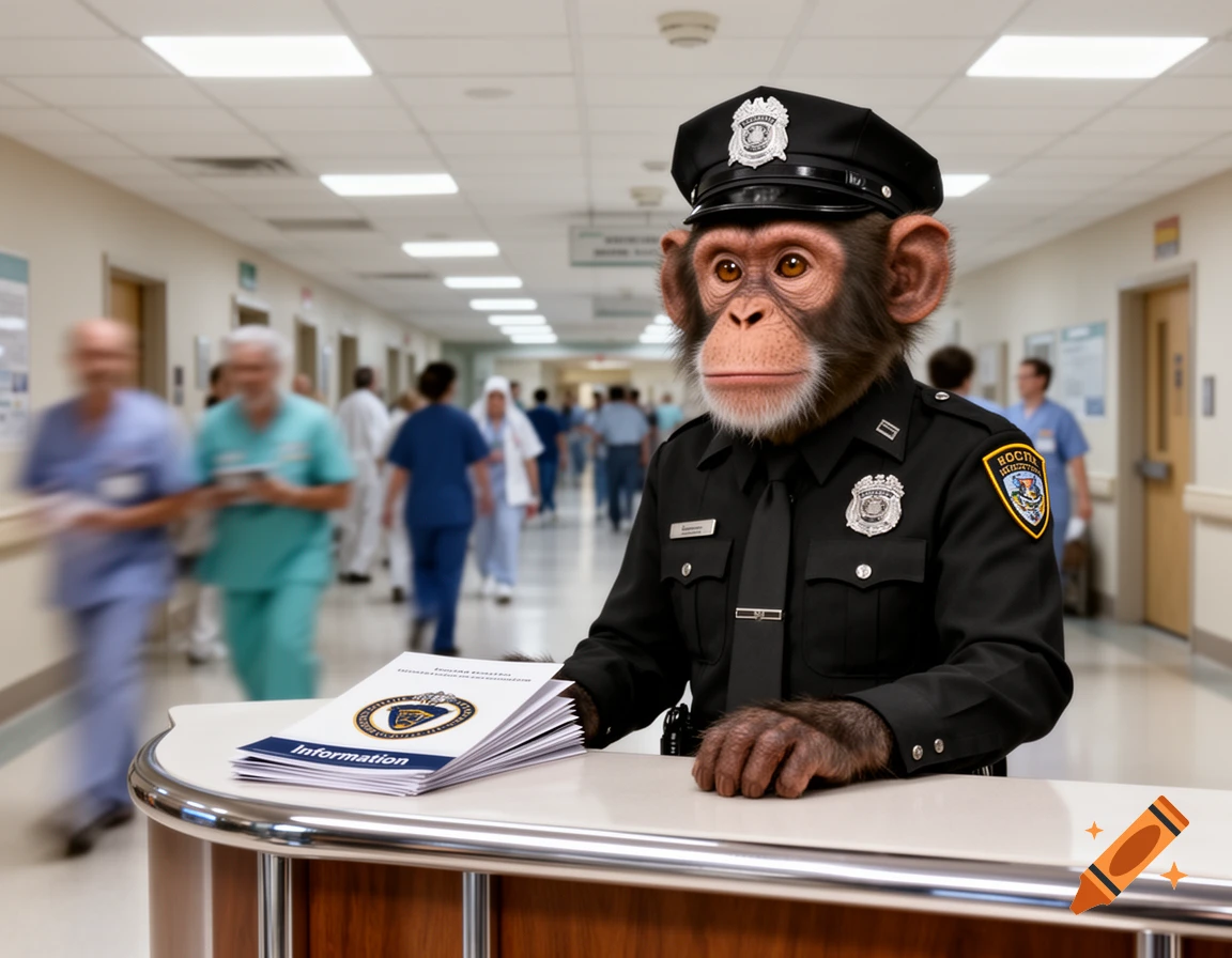 Photorealistic image of a chimpanzee in a security officer uniform standing behind an information desk in a hospital hallway.