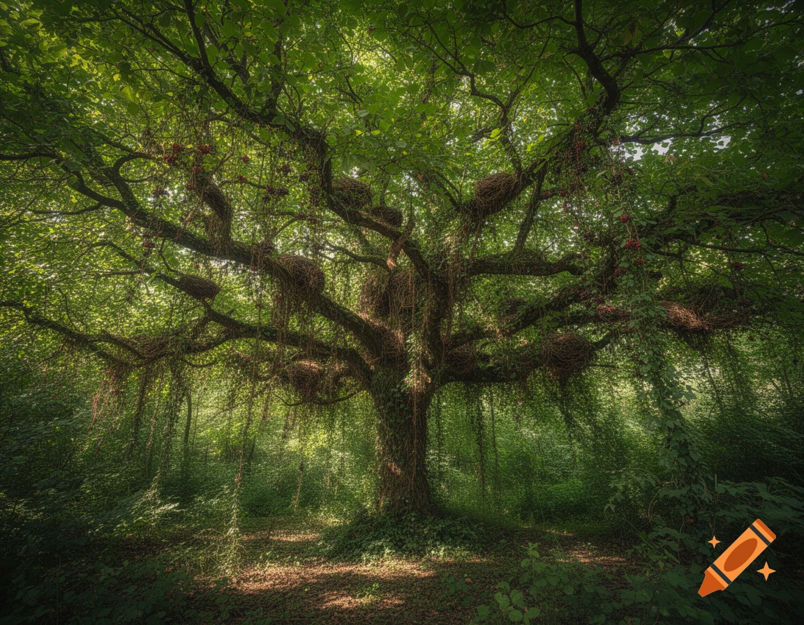 A majestic, ancient tree with a sprawling green canopy and hanging vines in a sun-dappled forest, photorealistic.