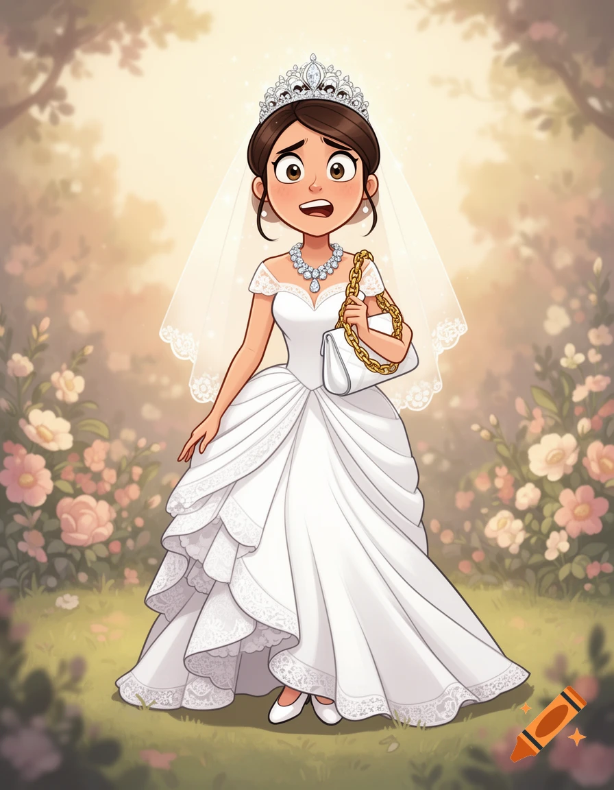 A cartoon bride in a white wedding dress and tiara, holding a purse, looks nervous amidst a floral background.