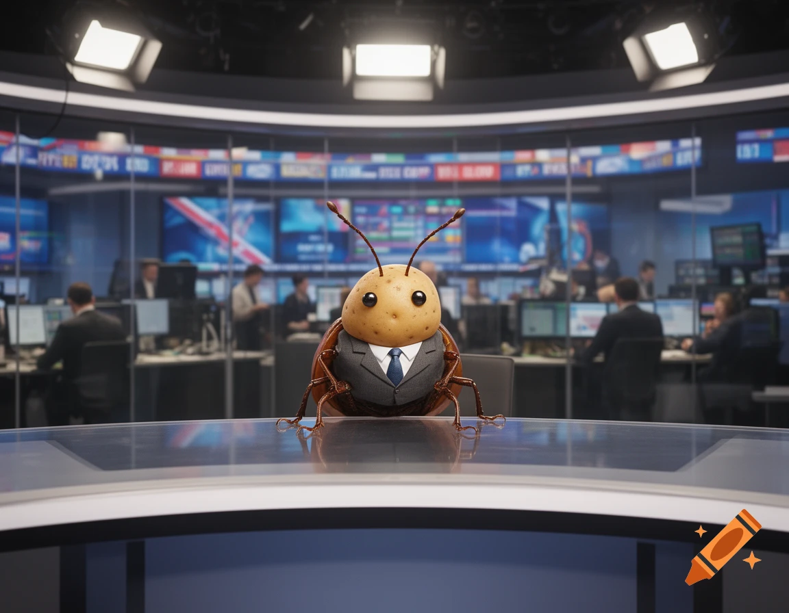 A potato bug wearing a suit and tie sits at a news desk in a modern television newsroom.