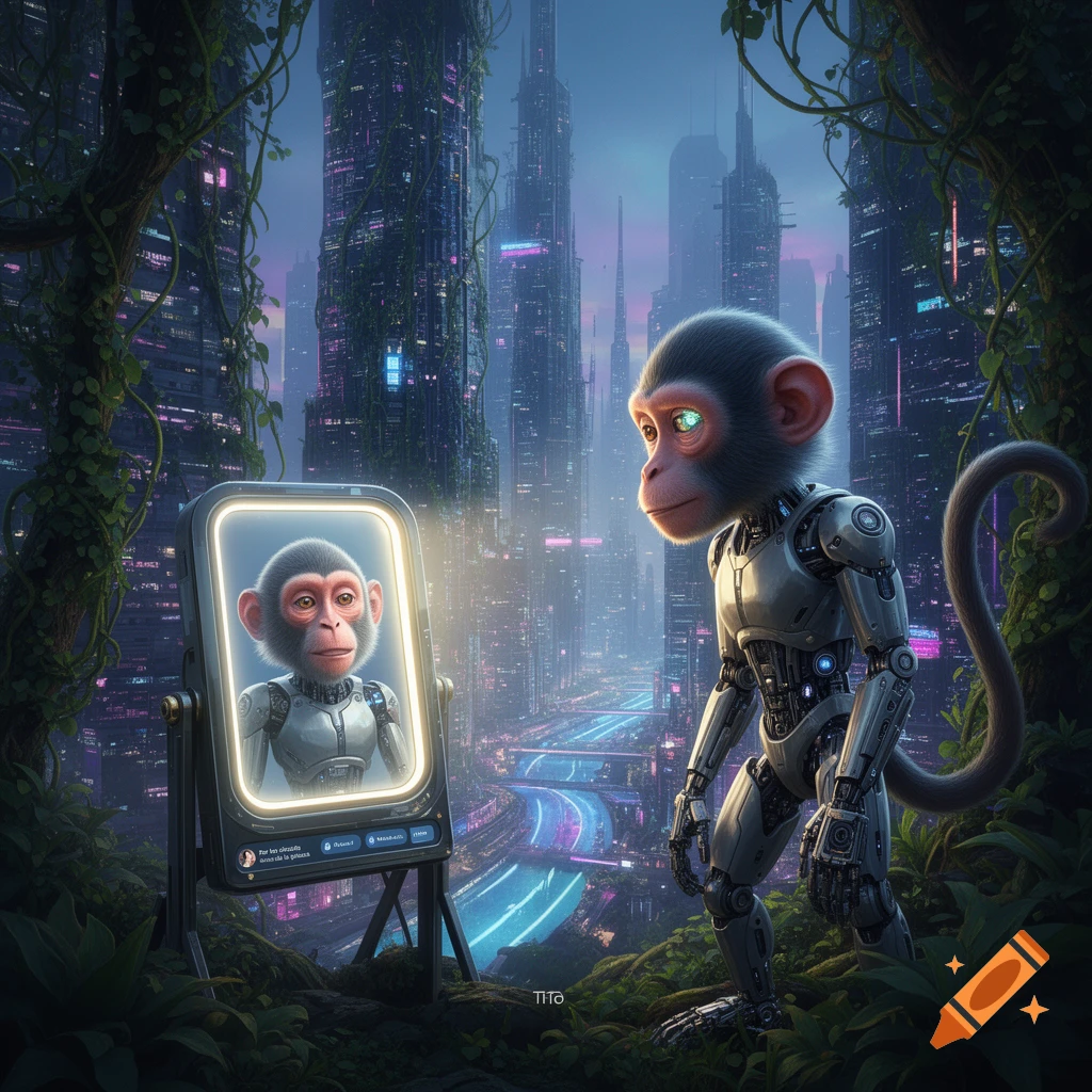 A bionic monkey gazes at its reflection in a digital mirror, set against a vibrant, futuristic cityscape with neon lights.
