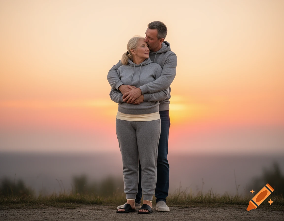 An older couple in grey hoodies embraces, the man kissing the woman's forehead, against a warm sunset sky.