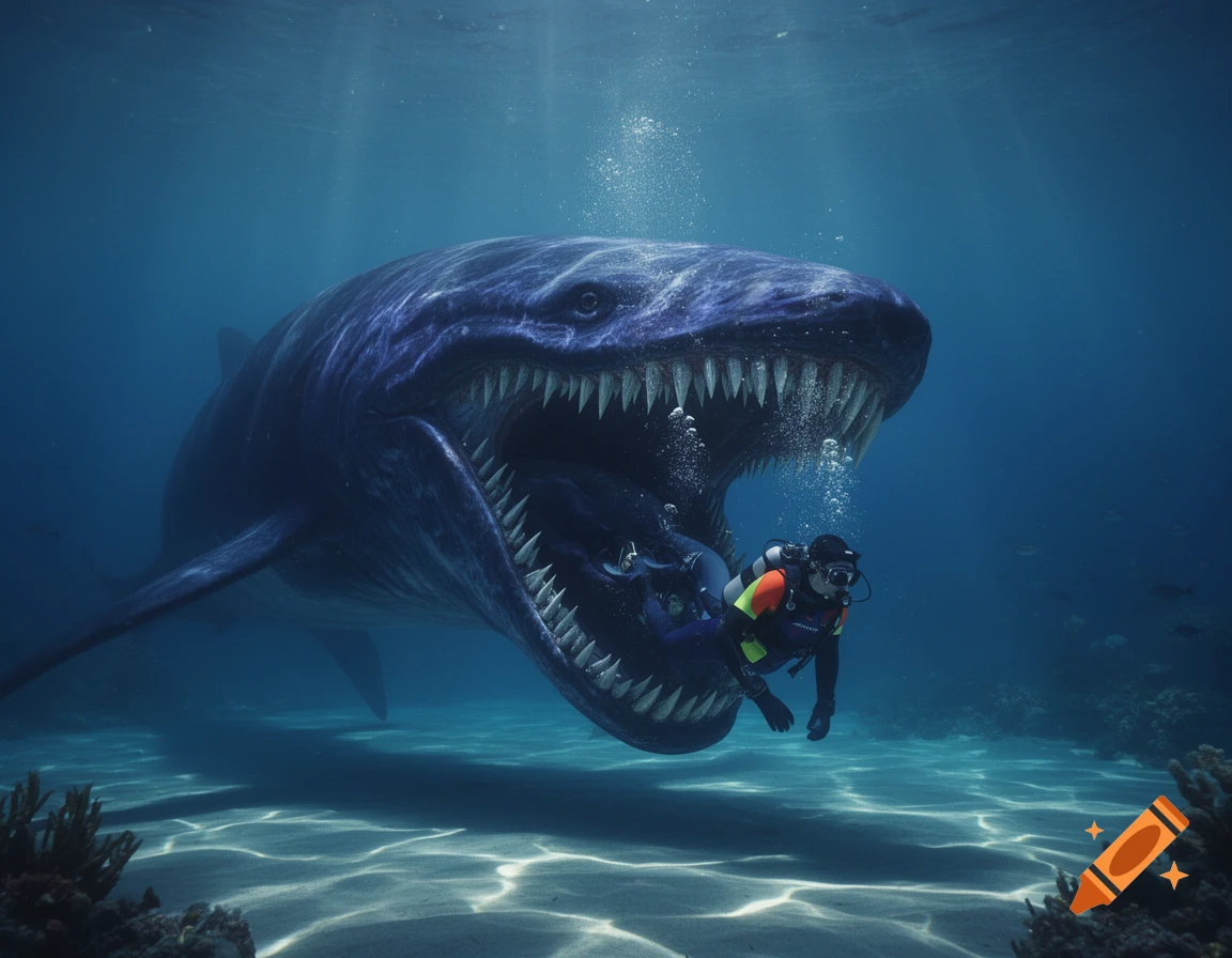 A massive, dark blue sea monster with a wide, toothy mouth about to engulf a scuba diver in a clear underwater scene.