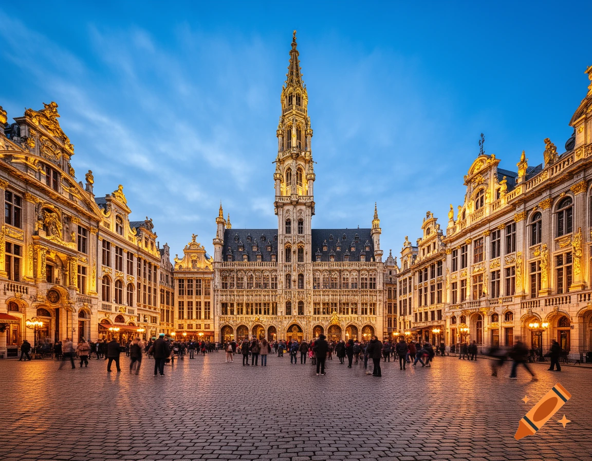 A beautiful evening view of the Grand Place in Brussels, with illuminated historic buildings and people on the cobblestone square under a twilight sky.