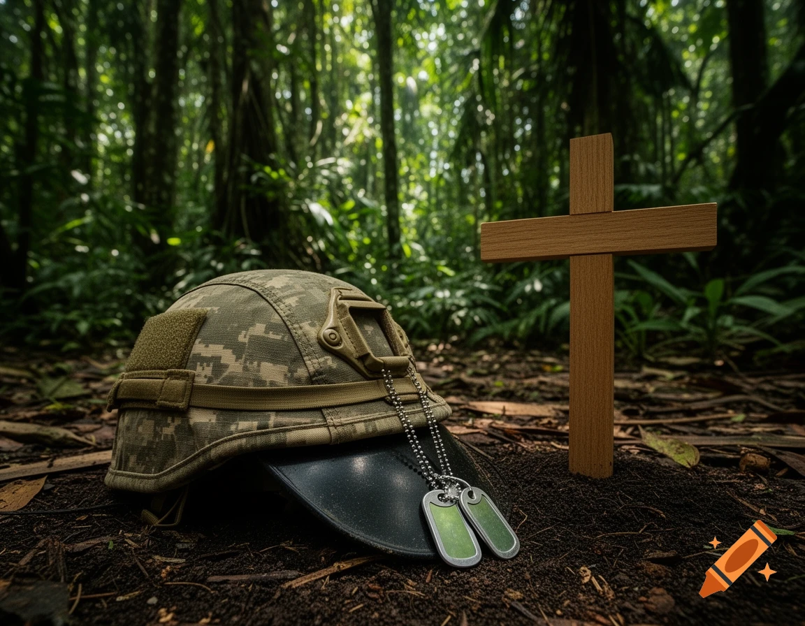 A military helmet and dog tags lie on the ground next to a wooden cross memorial in a lush jungle, photorealistic.