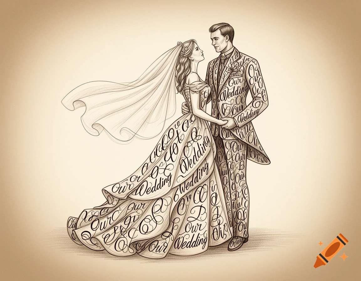 Hand-drawn illustration of a bride and groom, their wedding attire composed of the words 'Our Wedding'.