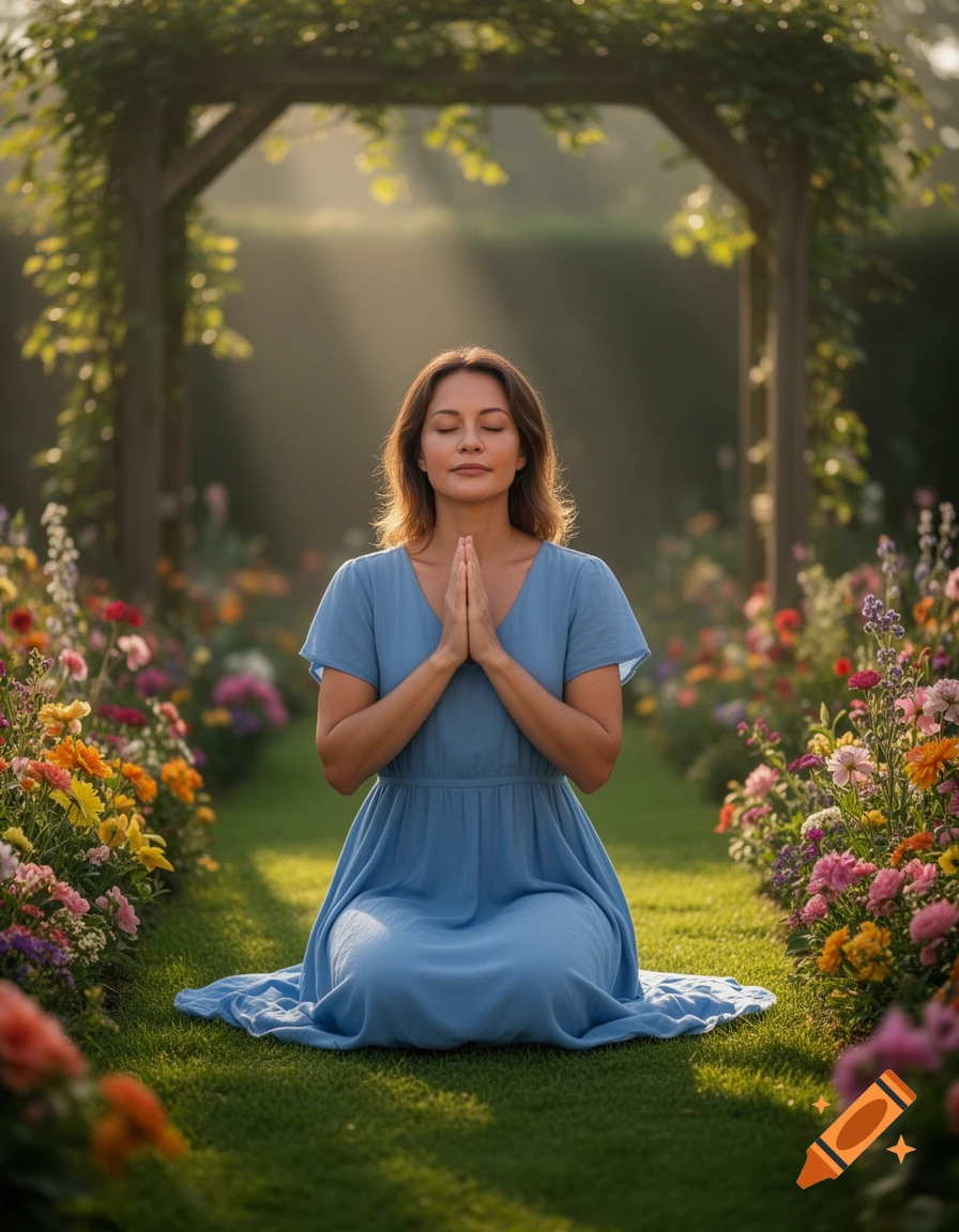 A woman kneels with clasped hands, eyes closed, meditating in a sunny garden filled with colorful flowers and a wooden archway.