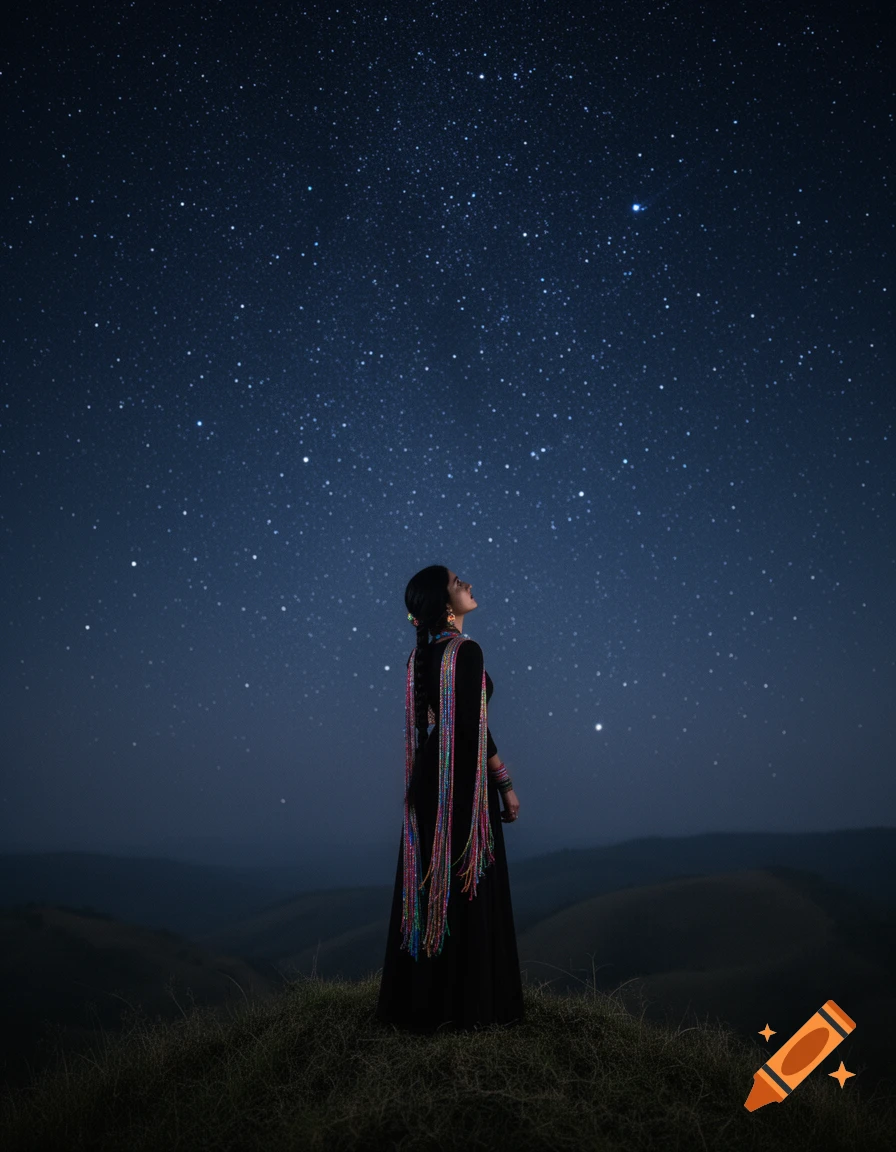 A woman in a black dress with colorful strands looks up at a vast, star-filled night sky from a grassy hill.