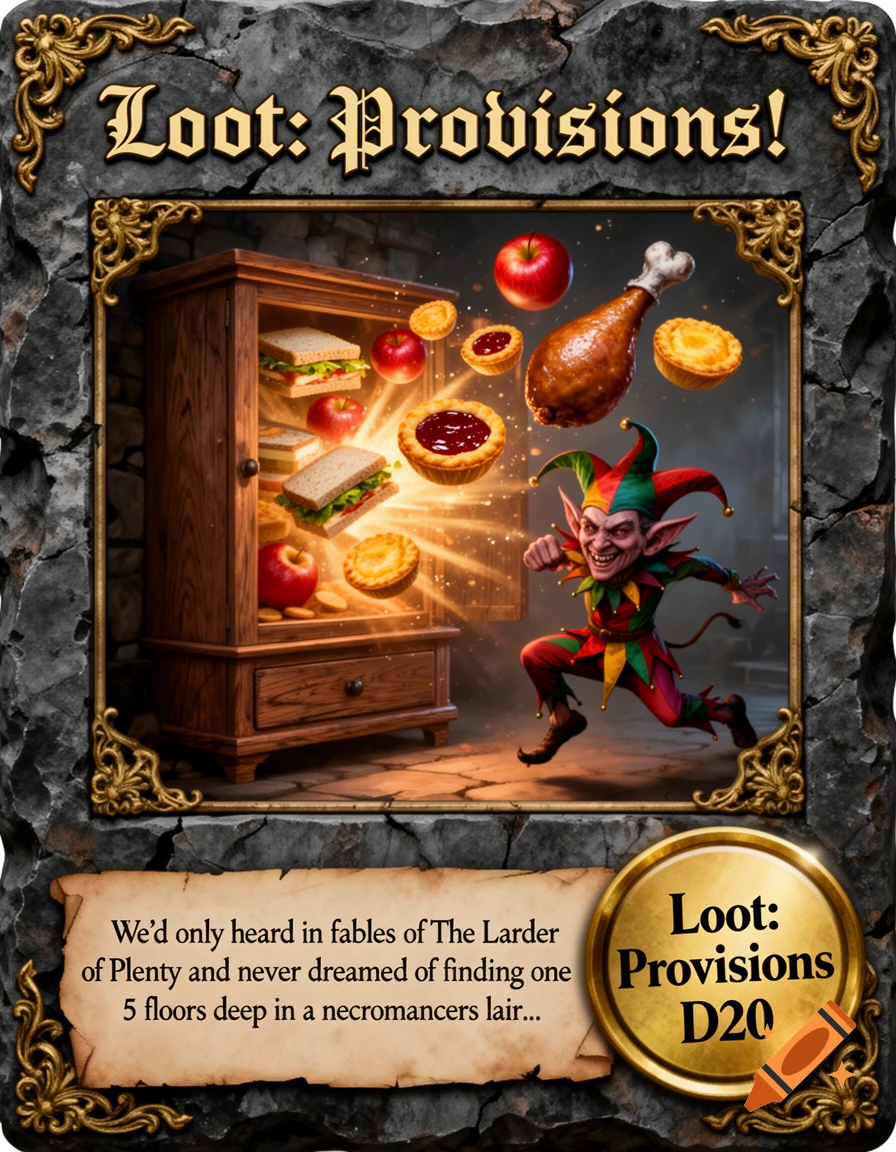 A detailed fantasy trading card titled 'Loot: Provisions!' featuring a jester-imp leaping from a cupboard exploding with food.