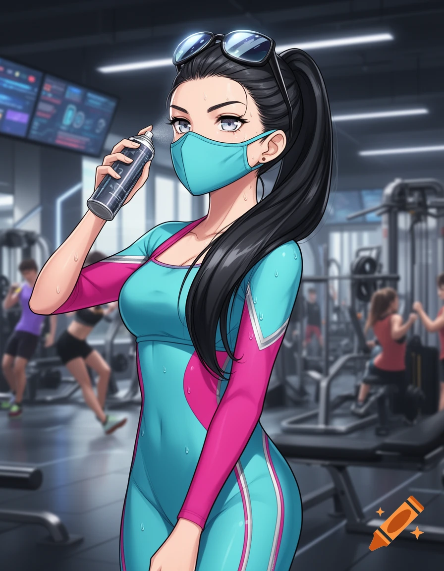 Anime woman in a teal and pink athletic suit and mask sprays an aerosol can in a gym.