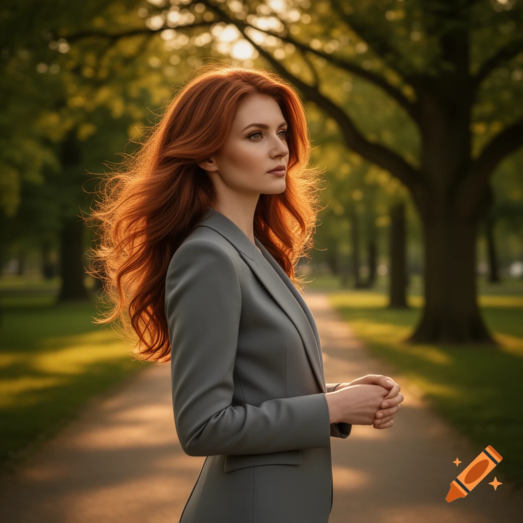 Woman with long red hair in a gray suit stands in a sunlit park, hands clasped, looking right.