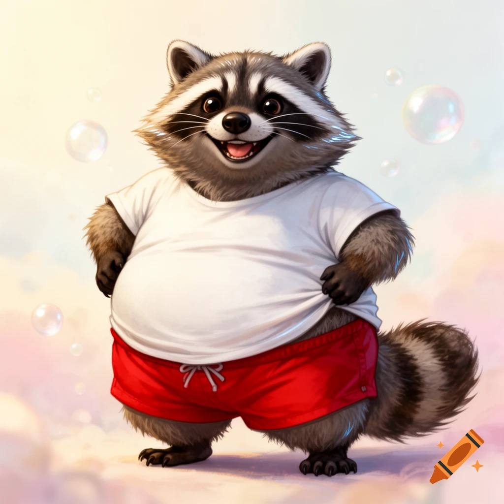 A smiling, plump anthropomorphic raccoon in a white t-shirt and red shorts stands among bubbles.