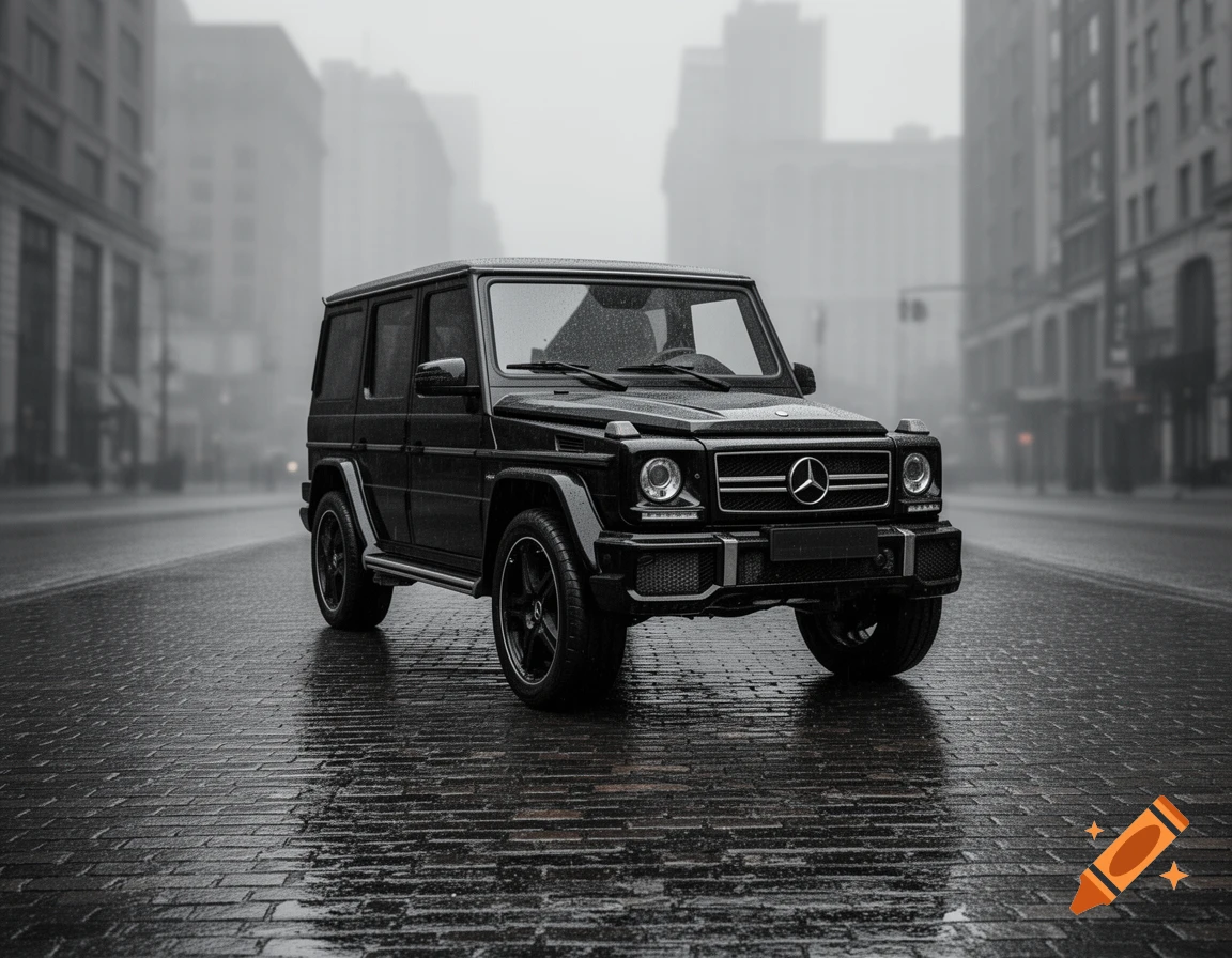 A black Mercedes-Benz G-Class SUV sits on a wet, brick-paved city street under a foggy sky. Photorealistic style.