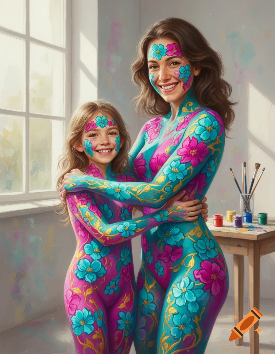 A smiling mother and daughter covered in vibrant blue and pink floral body paint, embracing in a sunny room.