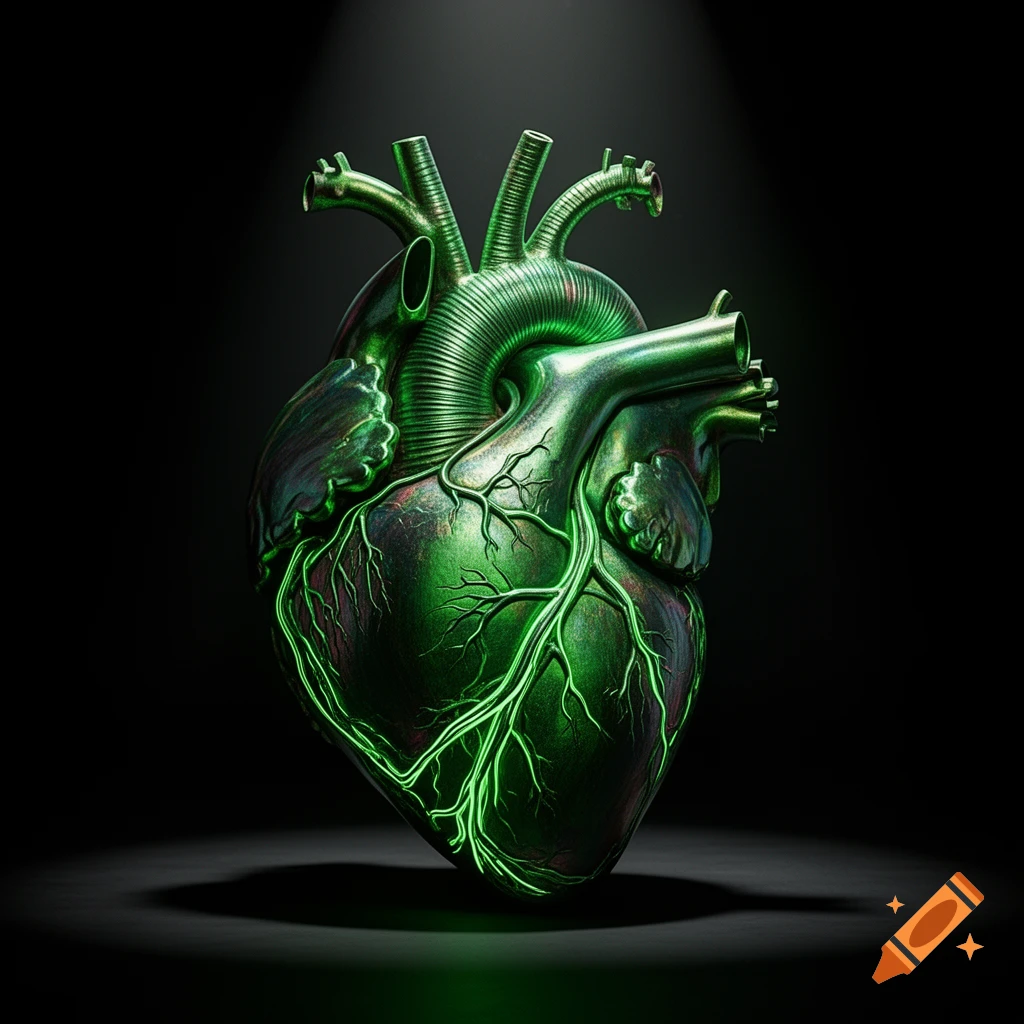 A stylized, metallic green human heart with glowing green veins, highlighted by a spotlight against a dark background.