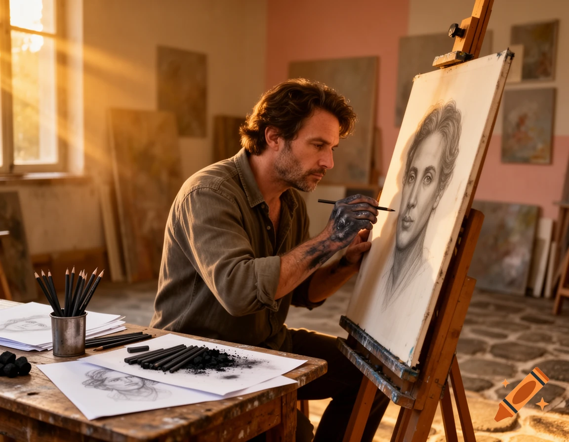 A man with charcoal-stained hands draws a detailed portrait on an easel in a sunlit art studio.