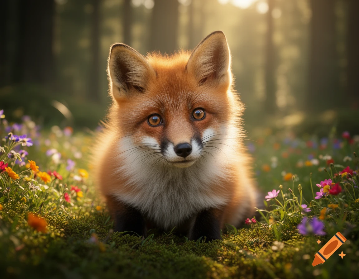 A fluffy red fox with big eyes sits in a field of colorful wildflowers in a sunlit forest.