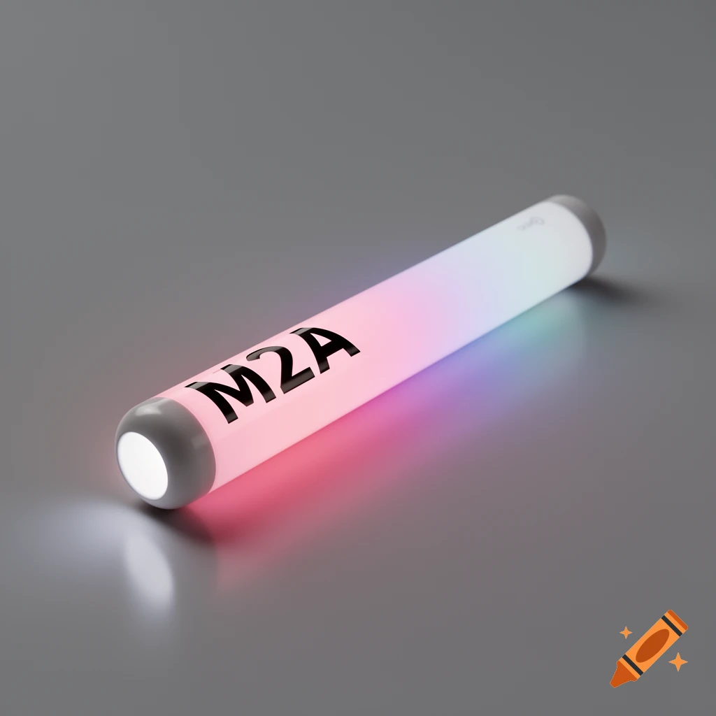 A glowing pearl white and pink light stick with "M2A" written on it, lying on a grey surface.