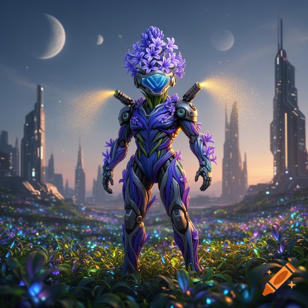 A purple hyacinth flower mech stands in a glowing field before a futuristic city under two moons, spraying golden pollen.
