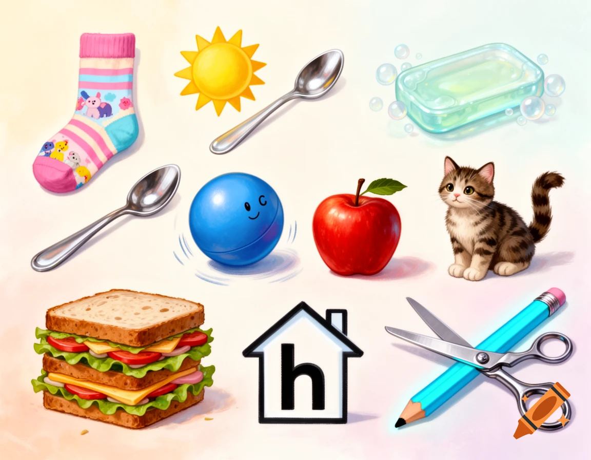 Colorful cartoon illustrations of common items: sock, sun, spoons, soap, kitten, blue ball, red apple, sandwich, house icon 'h', scissors, pencil.