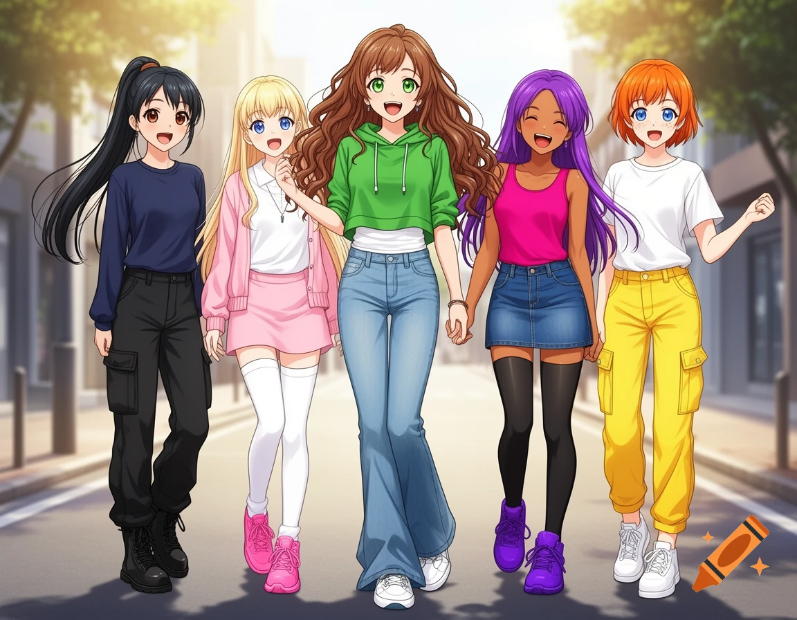 Five cheerful anime young women, dressed in casual modern outfits, walk together down a sunlit street.