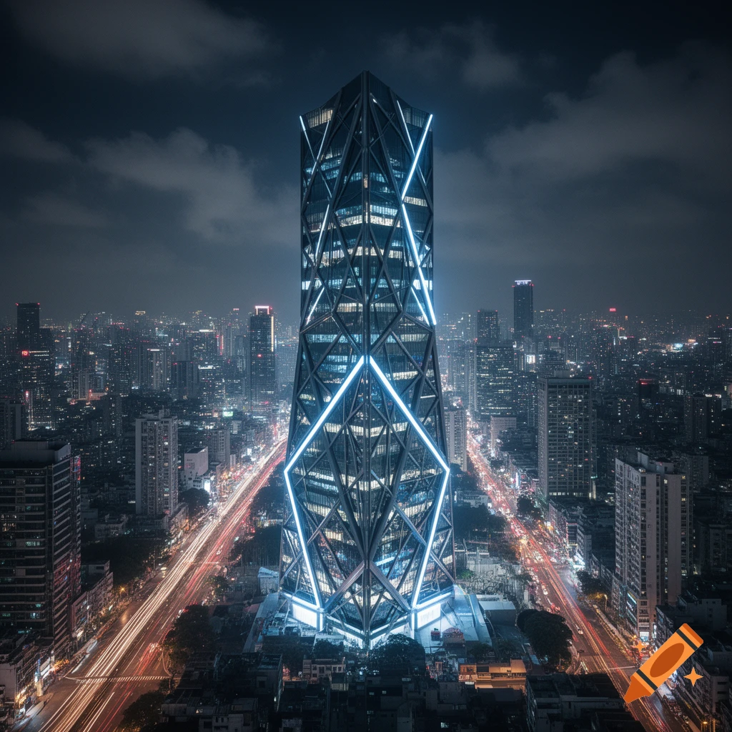 A towering, futuristic skyscraper with glowing blue lights forming an 'X' pattern dominates a vibrant city at night, with blurred car light trails.