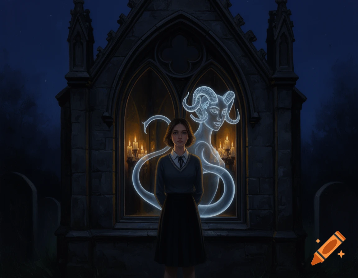 Young woman standing before a gothic mausoleum at night, with a horned phantom reflecting in the window behind her, in a dark fantasy art style.