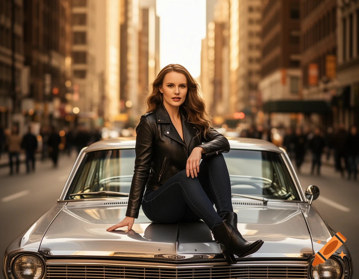 A woman in a black leather jacket and jeans sits on the hood of a silver classic car on a city street.