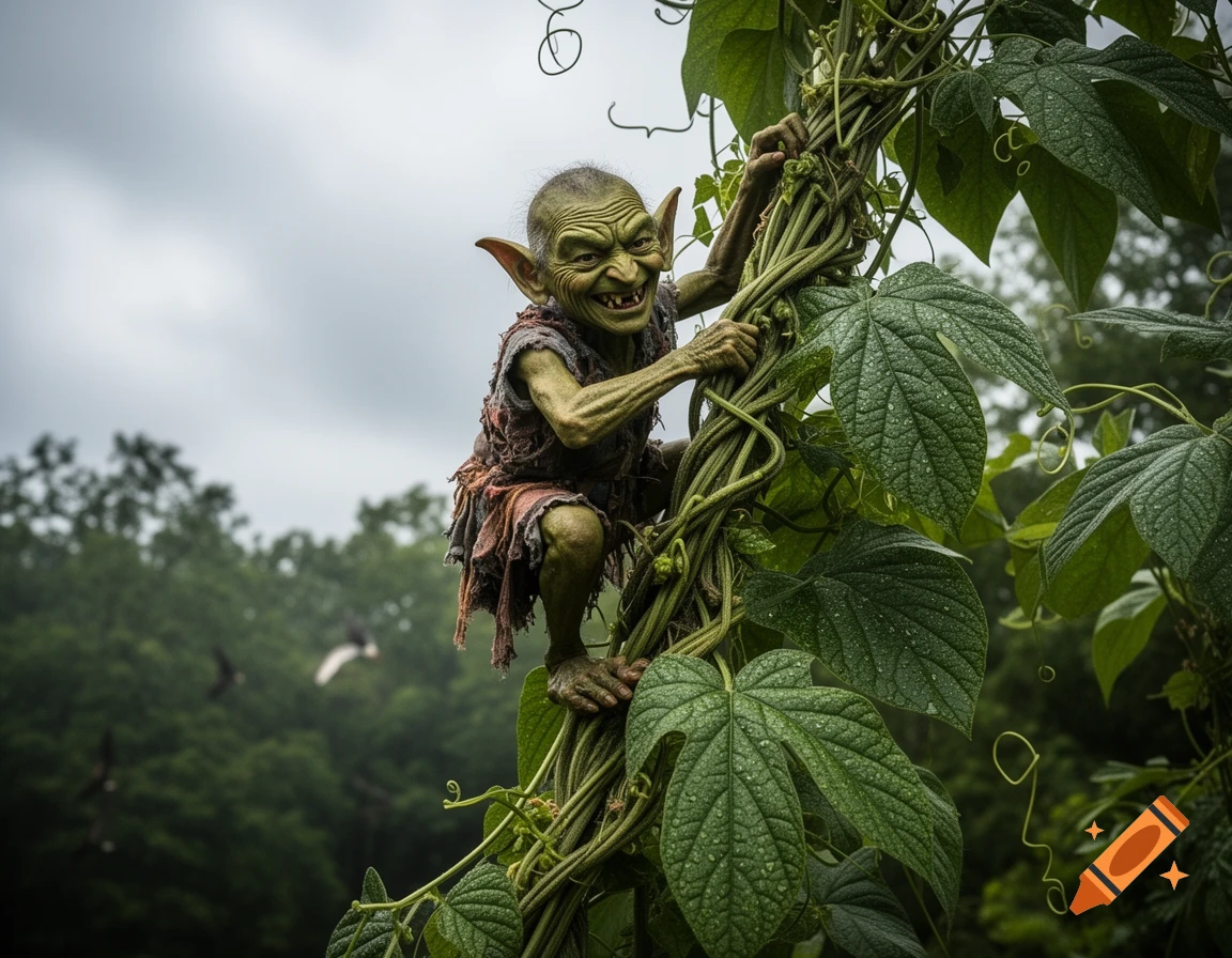 A squinting, mischievous green-skinned goblin in ragged clothes climbs a large vetch plant under a cloudy sky.