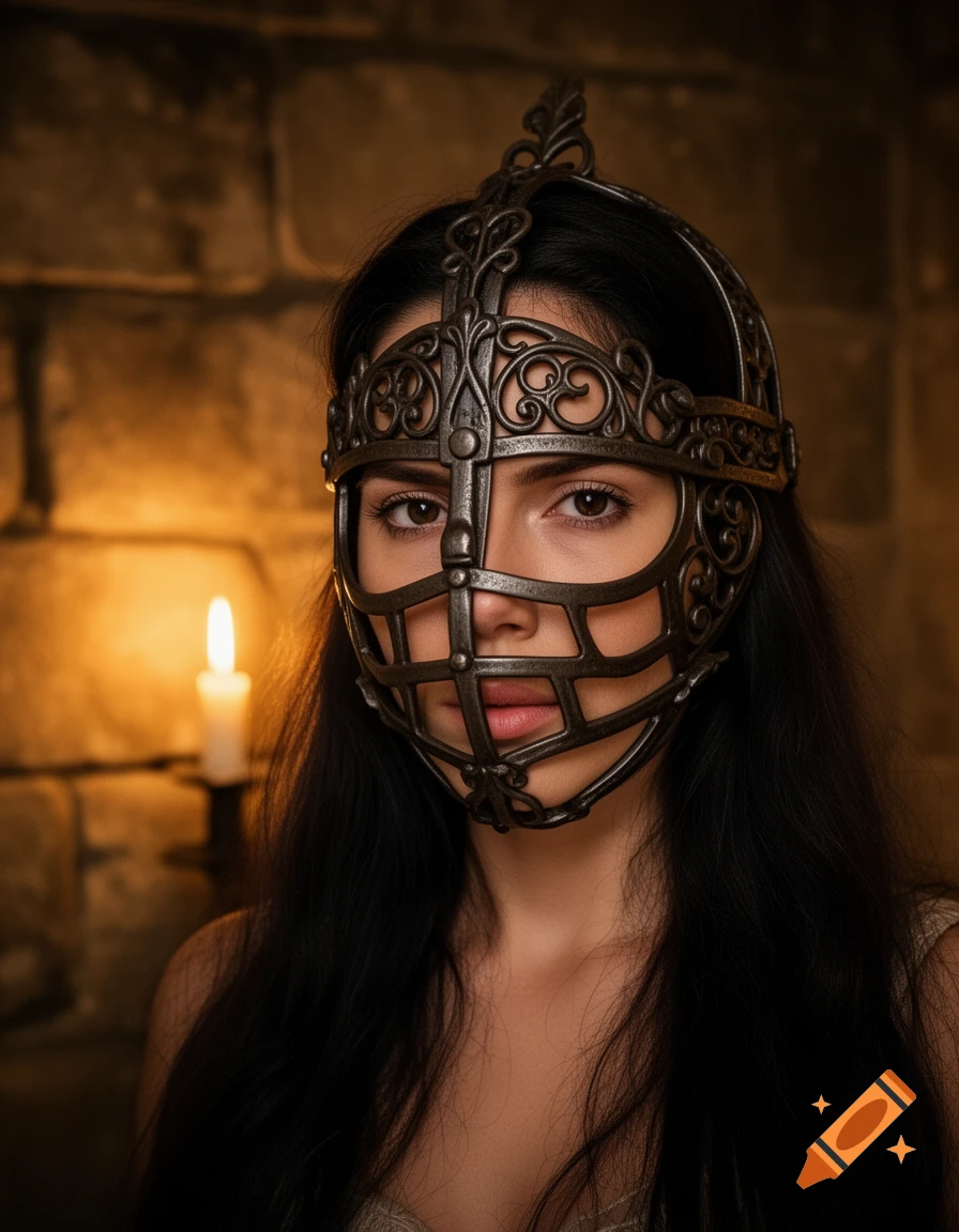 Woman with long dark hair wearing an ornate metal scold's bridle mask, illuminated by a candle flame against a stone wall.