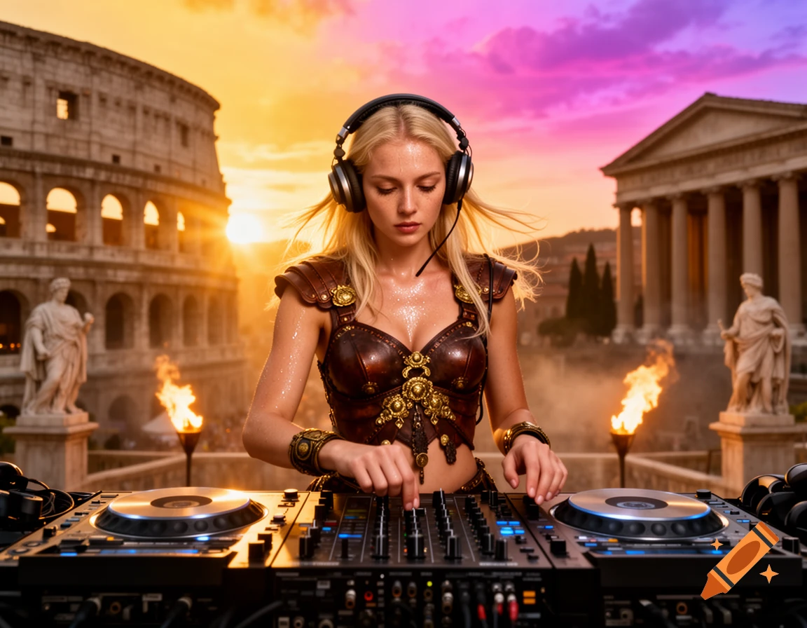 A blonde DJ in warrior-style attire performs at modern decks before ancient Roman ruins under a vibrant sunset.