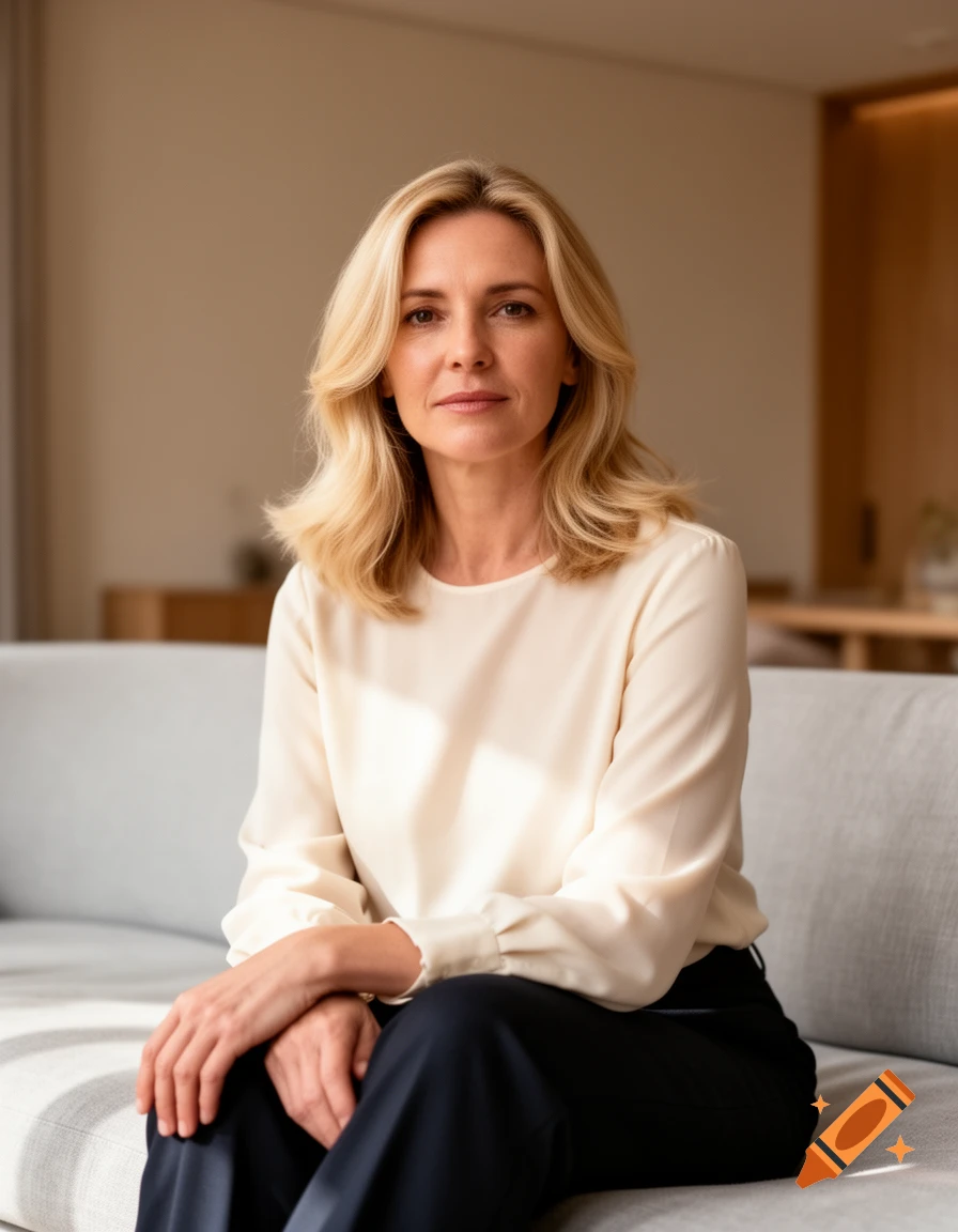 A woman with blonde hair, in her 40s, sits on a gray couch, looking directly at the camera in a sunlit room.