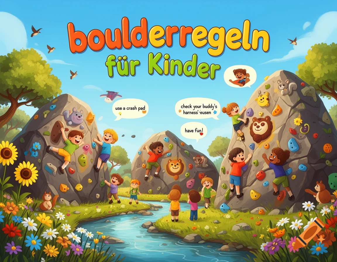Cartoon illustration of children bouldering on rocks in a vibrant natural landscape with a river and flowers. Text reads "boulderregeln f Kinder".