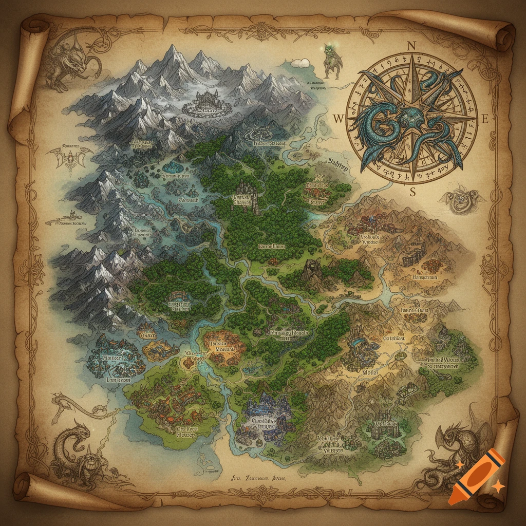 Detailed hand-drawn fantasy world map on aged parchment, featuring diverse biomes, labeled settlements, mountains, forests, rivers, and a compass rose with a dragon.