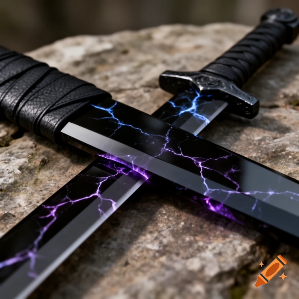 Two photorealistic black swords with purple and blue lightning patterns and black handles, resting on a rock.