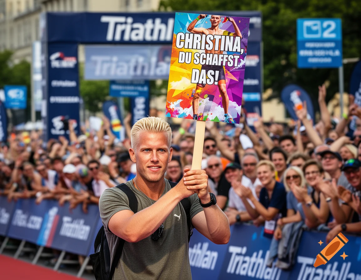 A blonde man holds a 'Christina, du schaffst das!' sign, cheering at a photorealistic triathlon event with a crowd.