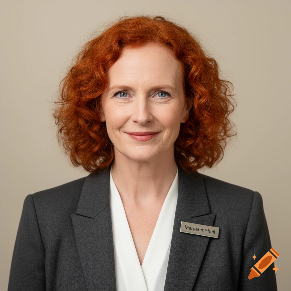 Smiling woman with red curly hair, blue eyes, wearing a dark suit and a 'Margaret Sheil' nametag.