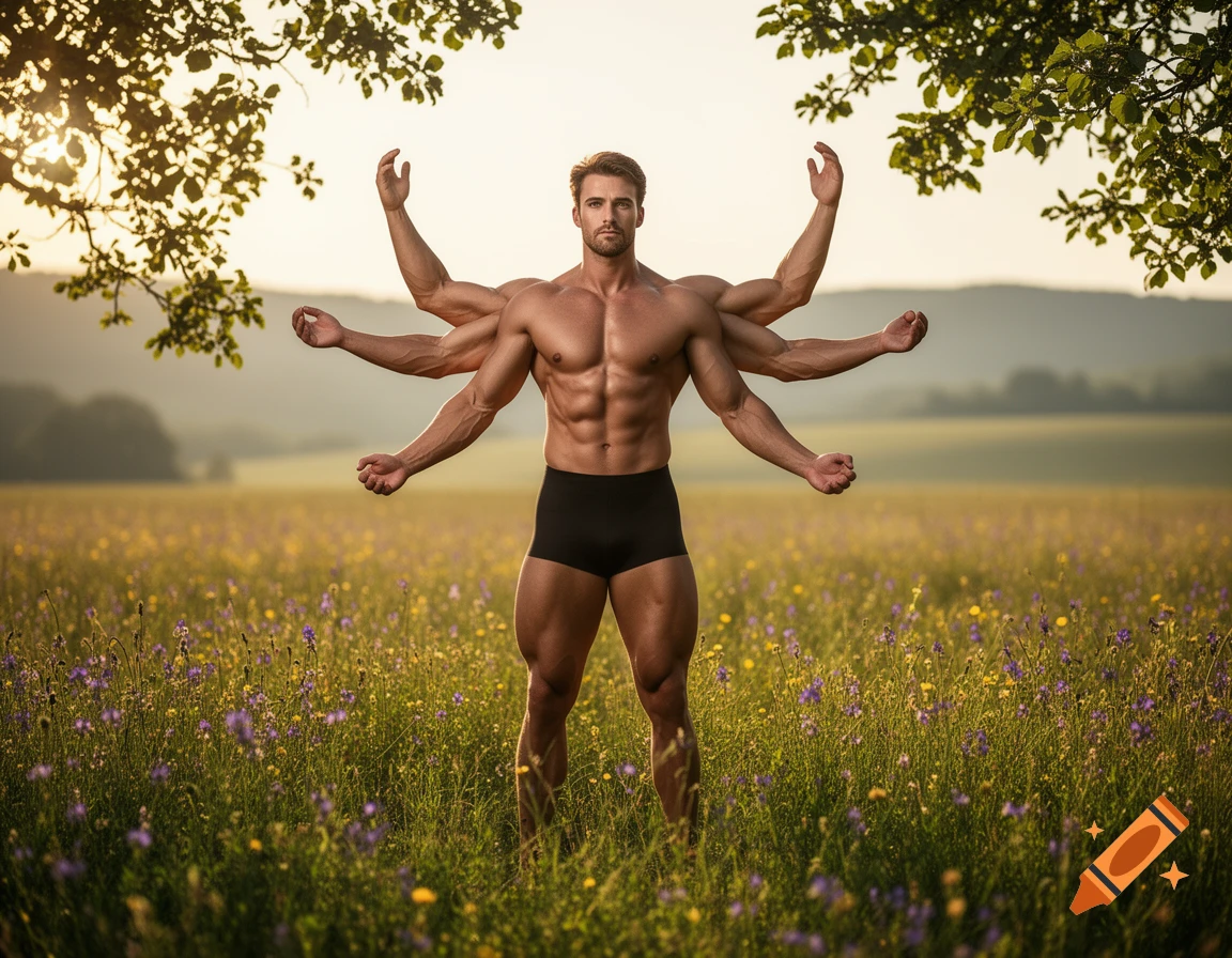A muscular man with six arms stands shirtless in a field of wildflowers under a tree at sunset, photorealistic.