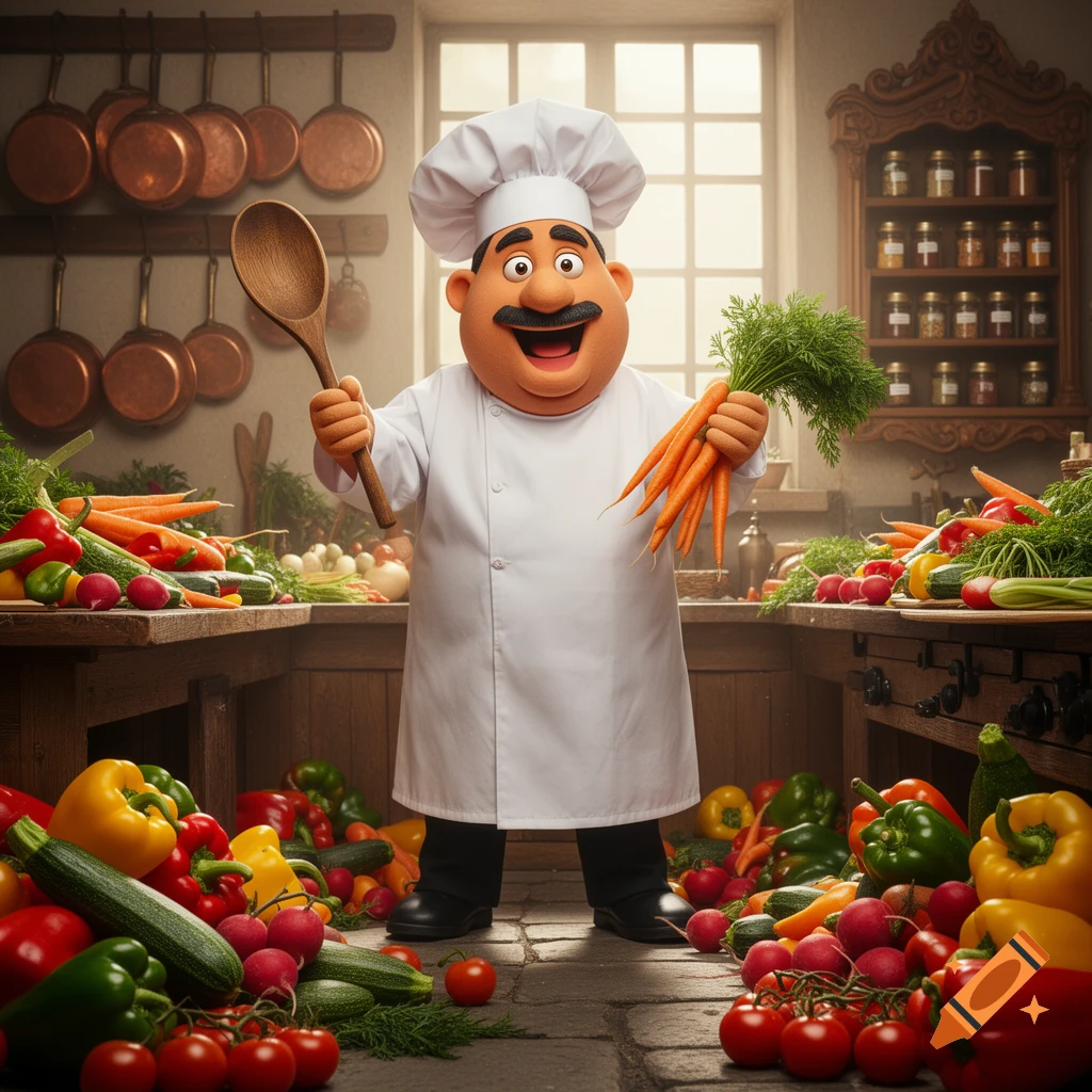 A cartoon chef in a kitchen, holding a wooden spoon and carrots, surrounded by various fresh vegetables on tables and the floor.